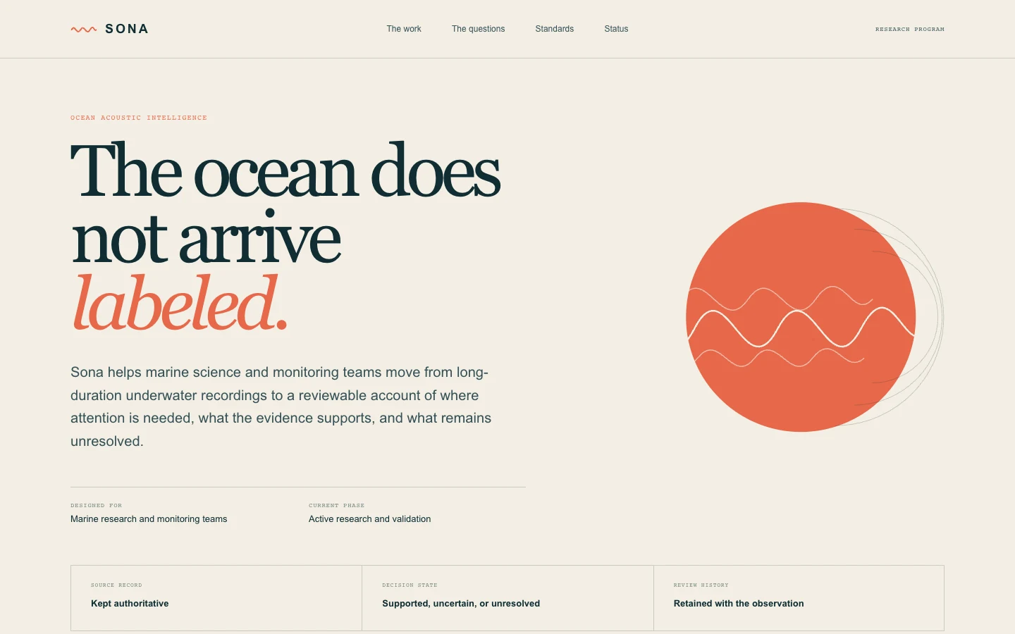 Sona website describing its ocean acoustic review program and evidence standards