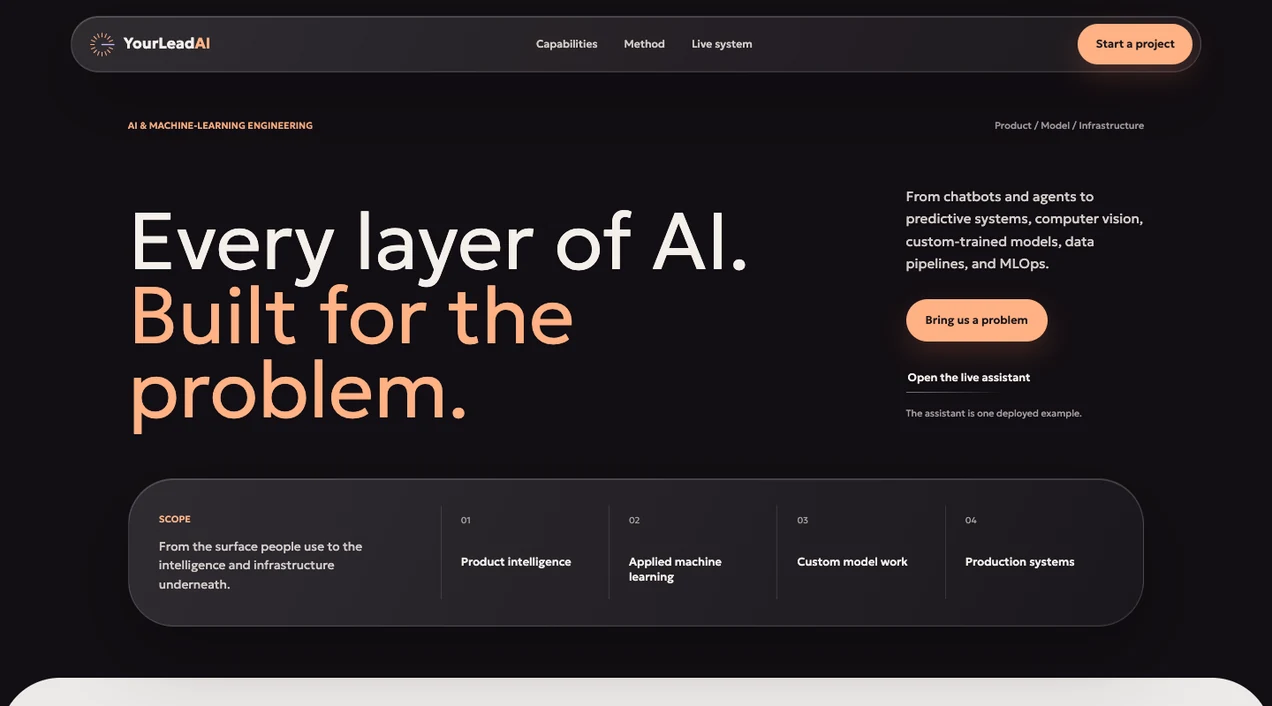 YourLeadAI website with the headline Every layer of AI. Built for the problem.